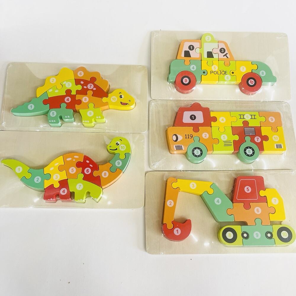 Pack of 5 - Wooden 3D Jigsaw Puzzles With Numbers Dinosaur & Vehicle‎ 6x4”